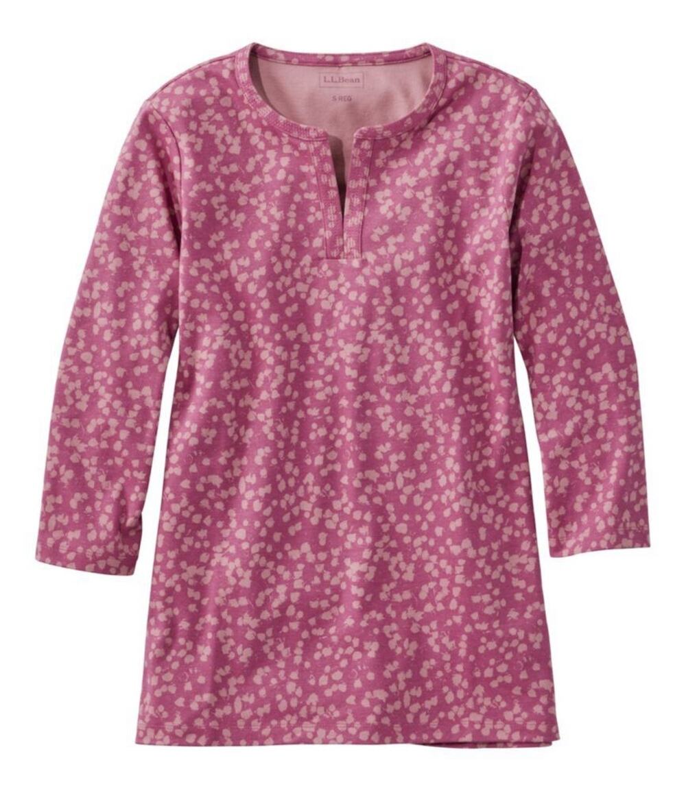 LL Bean Cotton Tee Split neck 3/4 Sleeve Mauve Pink Dot Womens Size XL Casual